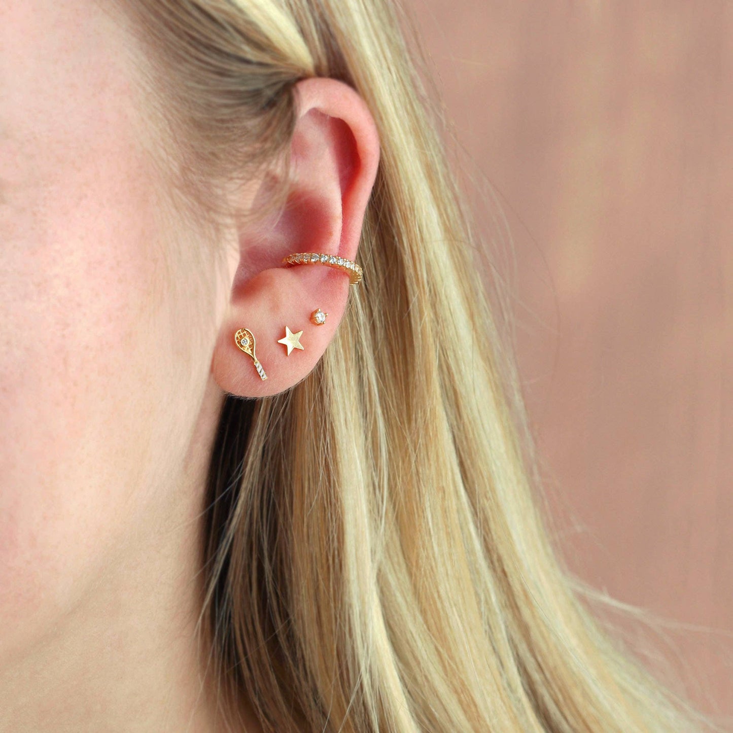 Earrings - Tennis Racket Crystal and Enamel Stud 18K Gold Vermeil  CZ Crystal "Ball"