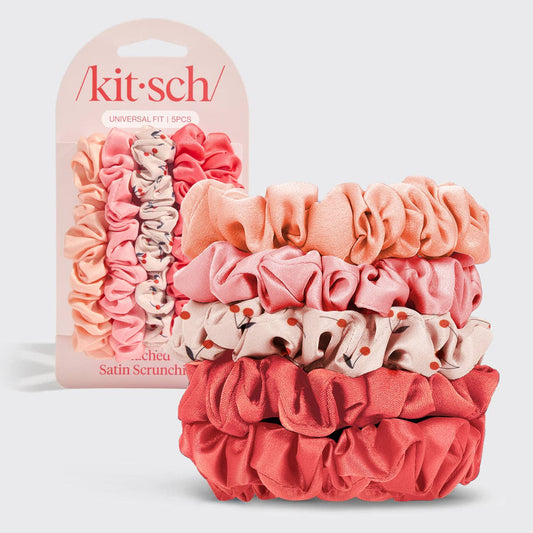 Satin Ruched Scrunchies 5pc Set - Assorted Cherry Blossom