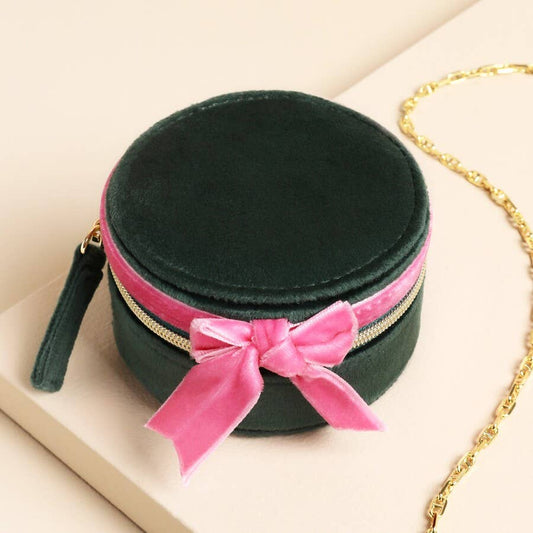 Jewelery Case - Green and Pink Velvet Bow Mini Round